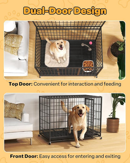 42 Inch Large Dog Crate, Escape Proof Dog Cage with Dual Door Lock and Swivel Casters,Removable Tray for Easy Cleaning, Dog Kennel Indoor Outdoor Use