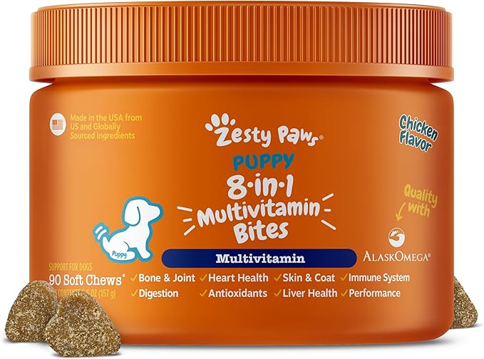 Zesty Paws Dog Multivitamin, Chewable Dog Vitamins and Supplements for Hip & Joints, Skin & Coat, Omega 3 Fish Oil for Dogs- Puppy Multivitamin - Chicken Puppy Bites- 90ct