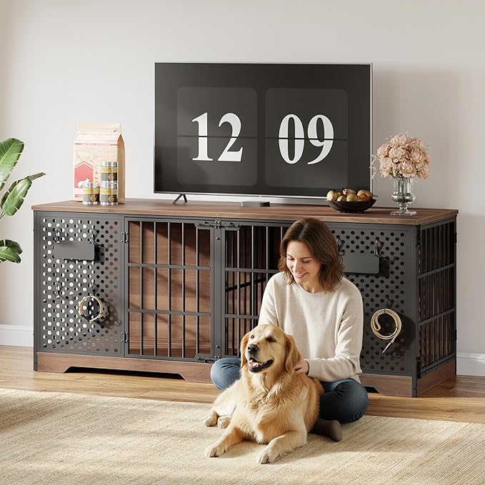HOOBRO 71" Dog Crate Furniture for 2 Large Dogs, Heavy Duty Indoor Kennel with Removable Divider & Name Tags, TV Stand Cage Furniture for Medium & Large Dogs, Walnut & Black BH84GW03