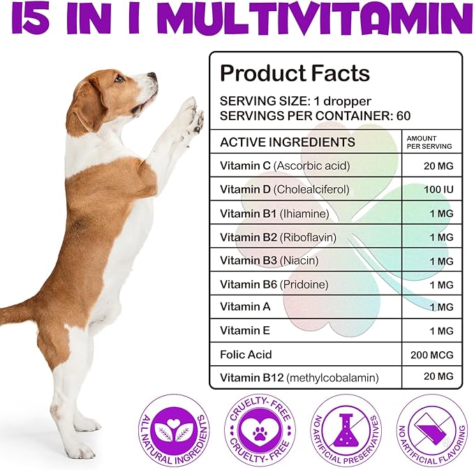 Dog Multivitamin,15 in 1 Dog Multivitamin Liquid Drops Supplements, Dog Vitamins for Heart Health, Bones, Joint, Skin & Coat, Bladder, Immune System Support 60ml