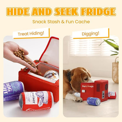 Nocciola Squeaky Beer Dog Toys with a Fridge, Funny Crinkle Hide and Seek Dog Chew Toys for Small Medium Large Breeds, Plush Stuffed Puppy Birthday Gifts