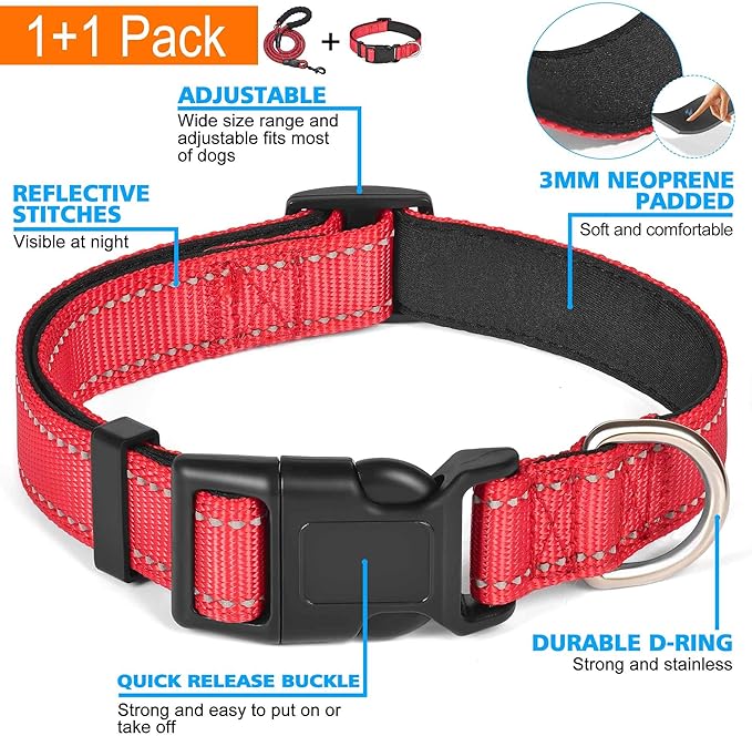 Ladoogo Reflective Dog Collar Padded with Soft Neoprene Breathable Adjustable Nylon Dog Collars for Small Medium Large Dogs (X-Small (Pack of 1), Red Collar+Leash)