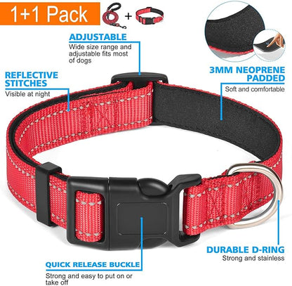 Ladoogo Reflective Dog Collar Padded with Soft Neoprene Breathable Adjustable Nylon Dog Collars for Small Medium Large Dogs (Medium (Pack of 1), Red Collar+Leash)