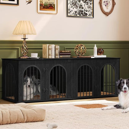 Hzuaneri 71" Dog Crate Furniture for 2 Dogs, Heavy Duty Indoor Dog Kennel TV Stand, XL Wooden Dog Cage with Divider for Medium Large Dogs, End Table Dog Crate with Cushion, Black DFC81904B