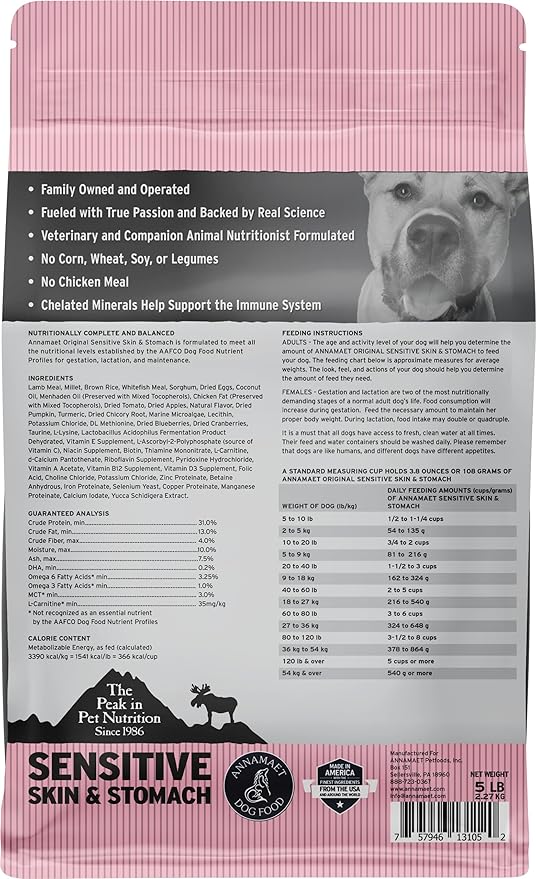 Annamaet Original Sensitive Skin & Stomach Dry Dog Food, (Lamb, Whitefish & Millet), 5-lb Bag