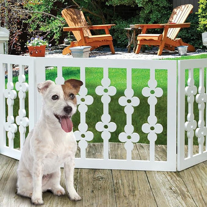 Etna White Floral Wooden Pet Gate - Freestanding Foldable Adjustable 3-Section Dog Gate. Extra Wide, Keeps Pets Safe Indoors/Outdoors - Fully Assembled