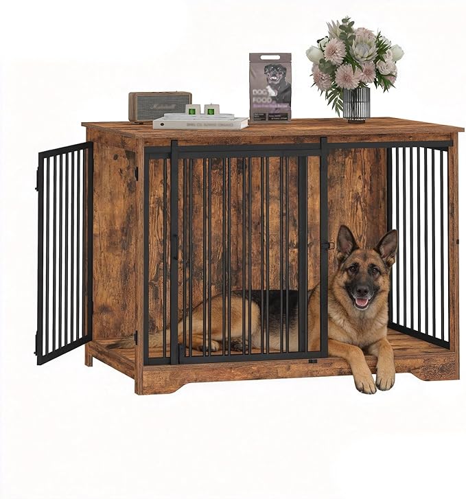 Hzuaneri 43.3" Dog Crate Furniture with Barn Door, Heavy Duty Dog Kennel Indoor with 2 Doors, Wooden Pet Cage End Table for Large Small Medium Dogs, Anti-Chew Anti-Escape, Rustic Brown DFC92301B