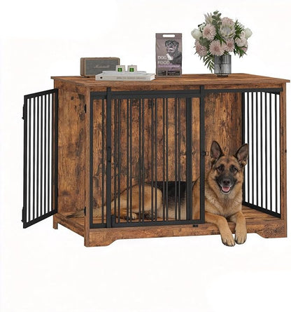 Hzuaneri 43.3" Dog Crate Furniture with Barn Door, Heavy Duty Dog Kennel Indoor with 2 Doors, Wooden Pet Cage End Table for Large Small Medium Dogs, Anti-Chew Anti-Escape, Rustic Brown DFC92301B