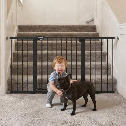 Mumeasy 29.7-57" Extra Wide Baby Gate for Doorways, Auto Close Dog Gate Indoor for Stairs, No-Drill Pressure Mounted Pet Gate with Door, Easy Walk Thru Long&Large Safety Gate for House, Outdoor, Black