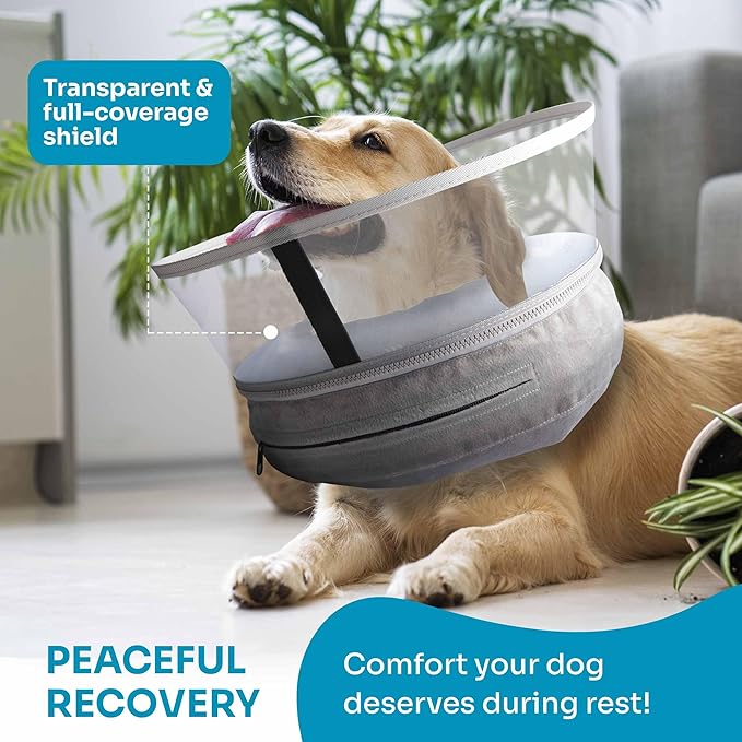 Dog Inflatable Neck Collar - Inflatable E Collar for Dogs - Comfortable Elizabethan Cone with Detachable Anti-Licking Shield - Dog Donut Cone - Doughnut for Dogs After Surgery (Grey, L)