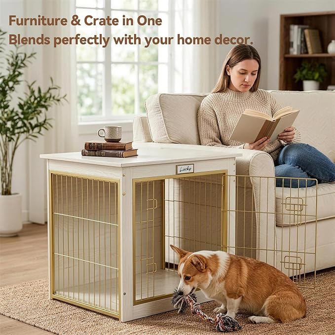 Luxury Dog Crate Furniture with Double Doors, White Wood Pet Crate End Table with Gold Metal Bars, Heavy Duty Indoor Dog Kennel for Small Medium Dogs, Furniture Style Dog Cage