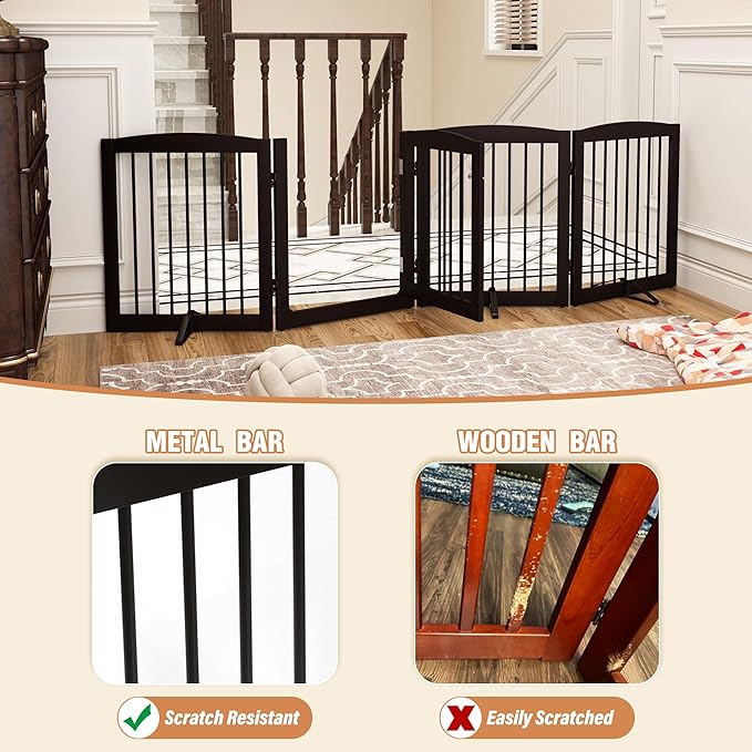PUPETPO Freestanding Dog Gate with Door, Pet Gate for Stairs, 80 inch Wide Pet Barrier Indoor, Dog Fences Indoor, Support Feet Included, 4 Panels, 24" Tall, Dark Brown