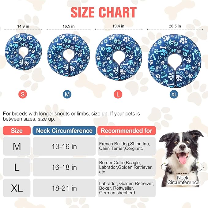 BEAUTYZOO Inflatable Dog Cone Collar, Recovery Dog Cone After Surgery, Adjustable Blow up Dogs Donut Collar, Pet Recovery Collar for Dogs,Navy Blue XL