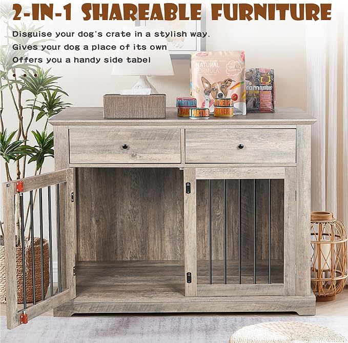 LEMBERI 44 Inch Large Dog Crate Furniture with 2 Storage Drawers, Wooden Dog Kennel Furniture as End Table, Decorative Pet Cage Dog House Indoor for Dogs