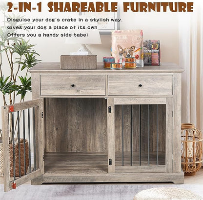 LEMBERI 44 Inch Large Dog Crate Furniture with 2 Storage Drawers, Wooden Dog Kennel Furniture as End Table, Decorative Pet Cage Dog House Indoor for Dogs
