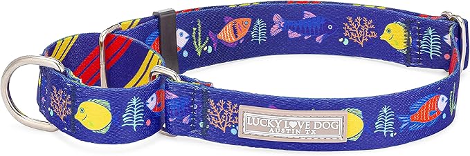 Lucky Love Dog Martingale Collar, Blue Color No Slip Collars for Large Dogs, Tropical Fish Pattern Martingale Collar, Great for Whippets, Greyhounds, and More (Mackey, Large)