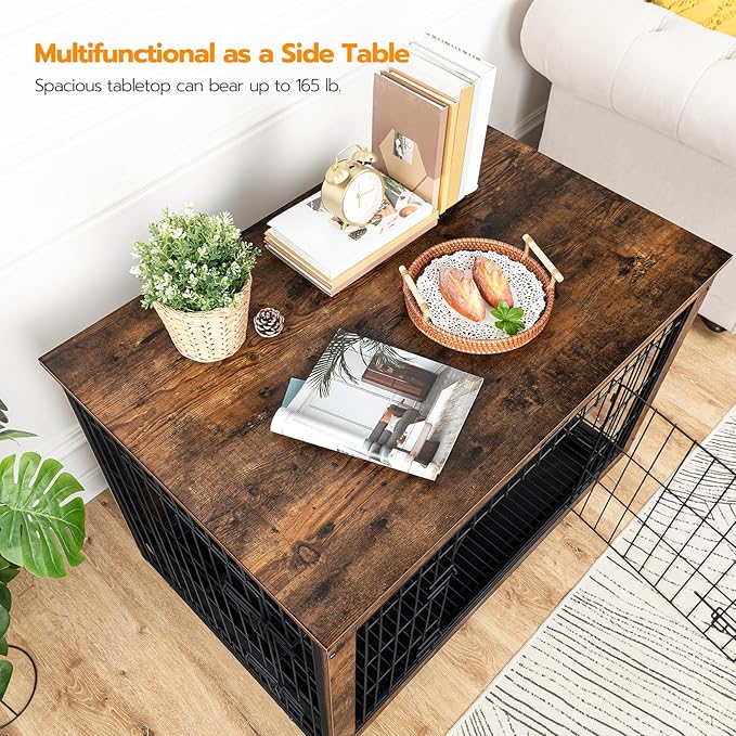 HOOBRO Dog Crate Furniture, 38.6" Large Dog Kennel Indoor, Wooden Cage with Pull-Out Tray, Double Doors Pet House Side End Table for Large/Medium/Small Dogs, Rustic Brown BF982GW03G1