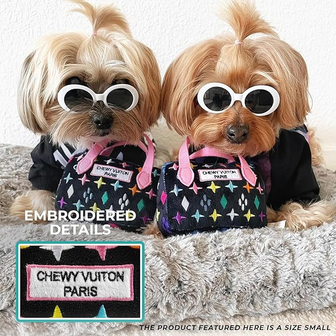 Haute Diggity Dog Chewy Vuiton Handbag Plush Squeaky Dog Toy, Soft Durable Designer-Inspired Stuffed Puppy Chew Toys for Small & Medium Dogs, Machine-Washable (Black Monogram) Large