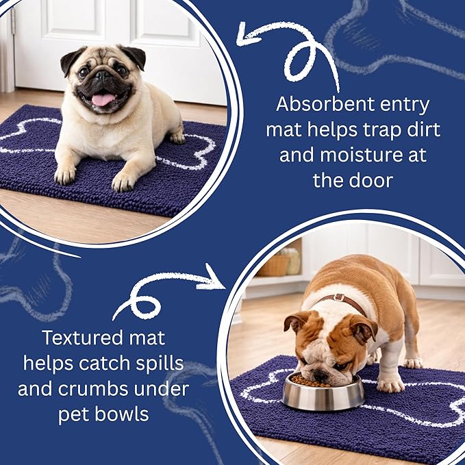 Soggy Doggy Slopmat Dog Food Mat – Absorbent Microfiber Chenille Pet Feeding Mat for Food & Water Bowls, Muddy Paws Small Doormat, Non-Slip, Machine Washable Rug – Navy Blue/Oatmeal Bone, 18” x 24”