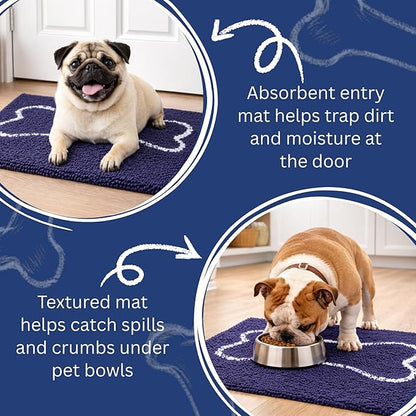 Soggy Doggy Slopmat Dog Food Mat – Absorbent Microfiber Chenille Pet Feeding Mat for Food & Water Bowls, Muddy Paws Small Doormat, Non-Slip, Machine Washable Rug – Navy Blue/Oatmeal Bone, 18” x 24”