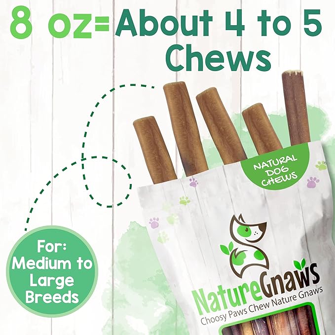 Nature Gnaws Bully Sticks for Dogs 11-12" (8oz) - Mixed Thickness - Long Lasting for Aggressive Chewers and Large Dogs - Natural Beef Dog Chew Bones