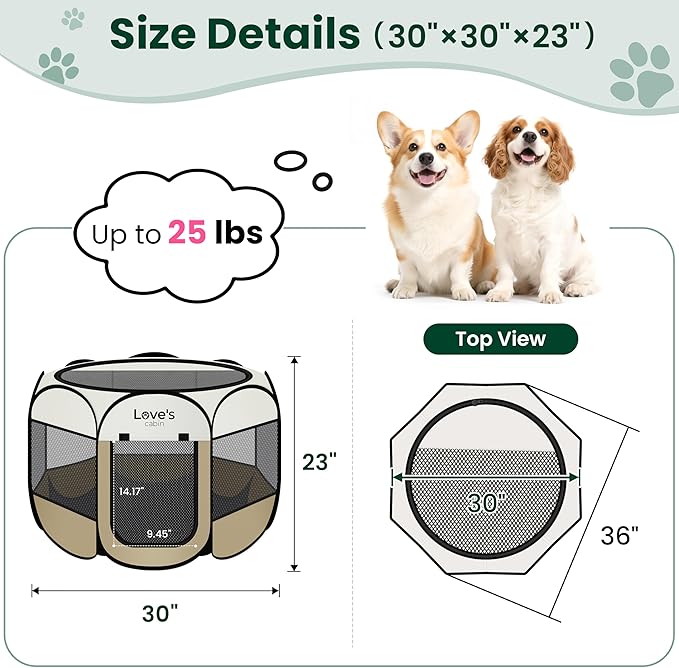 Love's cabin Pet Puppy Dog Playpen, Medium Dog Tent Crates Cage Indoor/Outdoor, Portable Playpen for Cat, Foldable Pop Up Dog Kennel Playpen with Carring Case, Removable Zipper Top, Khaki