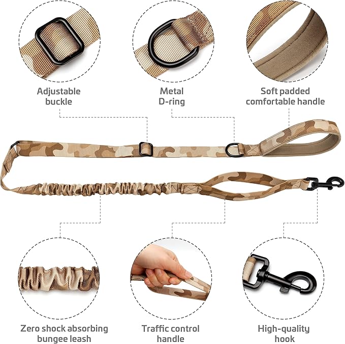 Forestpaw Tactical Dog Leash for Large Dogs,Heavy Duty Bungee Dog Leash with Shock Absorption,2 Padded Handles for Training Running Walking,Adjustable 4-5FT,Camo Brown