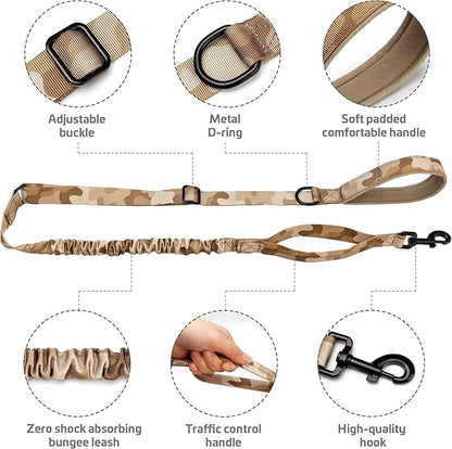 Forestpaw Tactical Dog Leash for Large Dogs,Heavy Duty Bungee Dog Leash with Shock Absorption,2 Padded Handles for Training Running Walking,Adjustable 4-5FT,Camo Brown