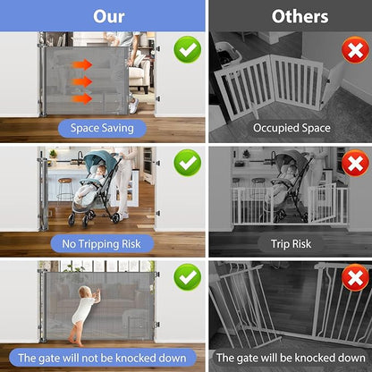 Retractable Baby Gates with Cat Door 80" Wide Retractable Dog Gate with Pet Door Outdoor Retractable Gate for Dogs Retractable Pet Gate with Door Mesh Baby Gate Retractable Mesh Dog Gate (Gray)