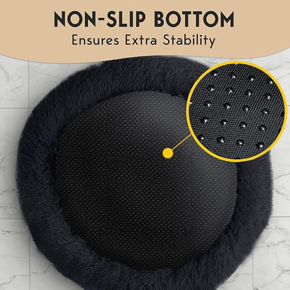PetJett Large Dog Bed - 36'' Calming Donut Dog Beds, Anti-Slip & Washable Large Round Bed, Fluffy Faux Fur Pet Bed, Super Soft Anti-Anxiety Premium Comfort Bed, Fits Dogs up to 80 lbs - Black