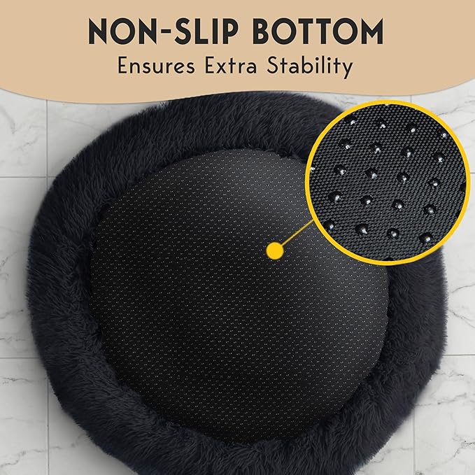 PetJett Calming Dog Bed Medium Size Dog - 30'' Donut Bed, Anti-Slip & Washable Super Soft Fluffy Plush Round Bed, Anti-Anxiety Premium Comfort Pet Bed, Fits Dogs up to 45 lbs - Black