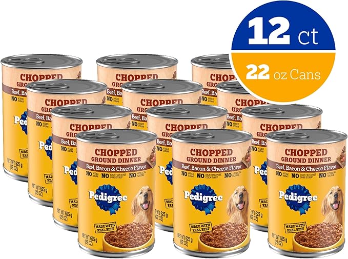 Pedigree Chopped Ground Dinner Adult Soft Wet Dog Food Bacon & Cheese Dinner, Canned Dog Food, 22 oz. Cans, 12 Count