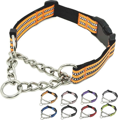 Martingale Dog Collars, Reflective Nylon Collar with Stainless Steel Chain, Adjustable Walking Training Dog Collars with Quick Release Buckle, Suitable for Small Medium Large Dogs(Orange,S)