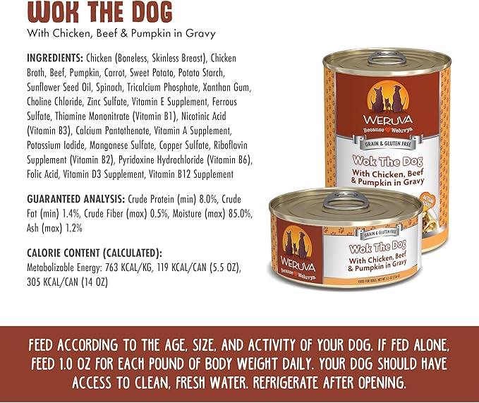Weruva Classic Dog Food, Wok The Dog with Chicken, Beef & Pumpkin in Gravy, 5.5oz Can (Pack of 24), Brown