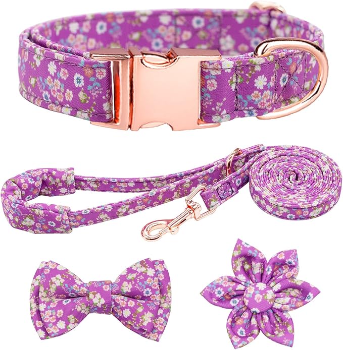 Dog Collar and Leash Set Girls Adjustable Puppy Collars with Floral Bow Tie for Small Medium Large Female Dogs, Purple, S