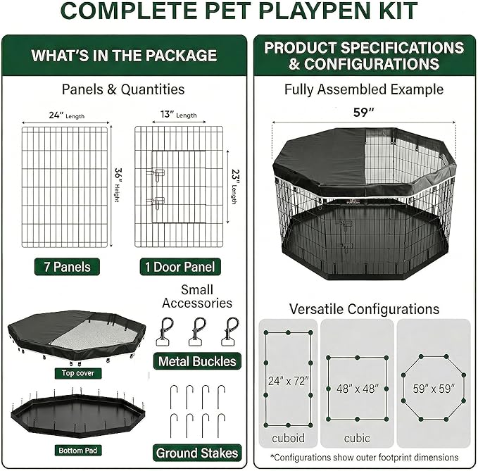PJYuCien Dog Playpen with Top Cover and Bottom Pad - Metal Foldable Exercise Pen, 8 Panels 36" H x 24" W Indoor Outdoor Pet Fence Puppy Crate Kennel, Black