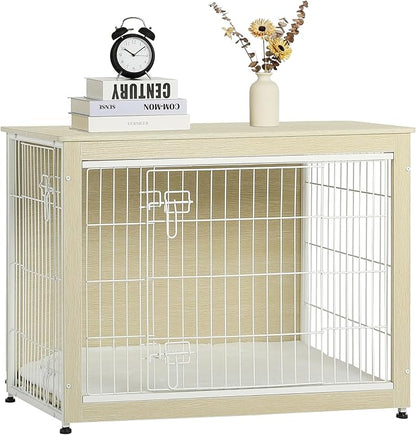 DWANTON Dog Crate Furniture with Cushion, Wooden Kennel Table with Double Doors, Indoor Dog House, Large Size, 38.5" L, White Oak