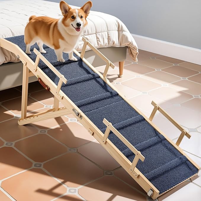 Dog Ramp for Bed with Rails, 64" Long Foldable Pet Ramp for Small Large Dogs, Dog Ramps for High Beds with Safety Side Railng, 6 Adjustable Heights 24" to 30" Up to 220LBS (Gray, 64" X 17inch)