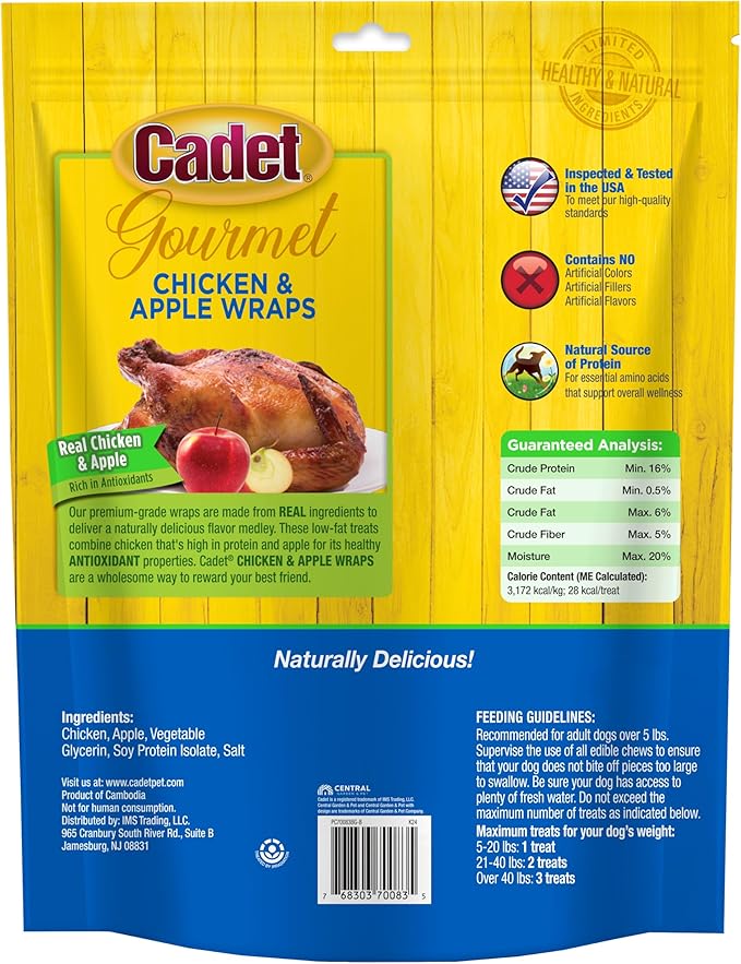 Cadet Gourmet Chicken & Apple Wrapped Dog Treats Wraps - Healthy & Natural Chicken & Apple Dog Training Treats for Small & Large Dogs - Inspected & Tested in USA (28 oz.)