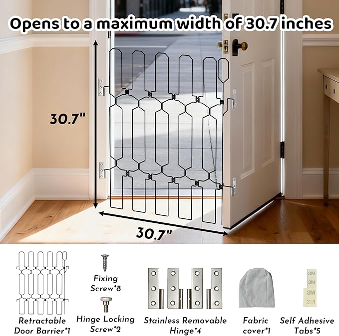 brenzo Retractable Dog Gate for Front Door, Sturdy Chew-Resistant Metal Pet Barrier with Adjustable Safety Gate for Doorways, Stairs, Hallway, Kitchen, Easy Installation, 30.7" Tall x 30.7" Wide