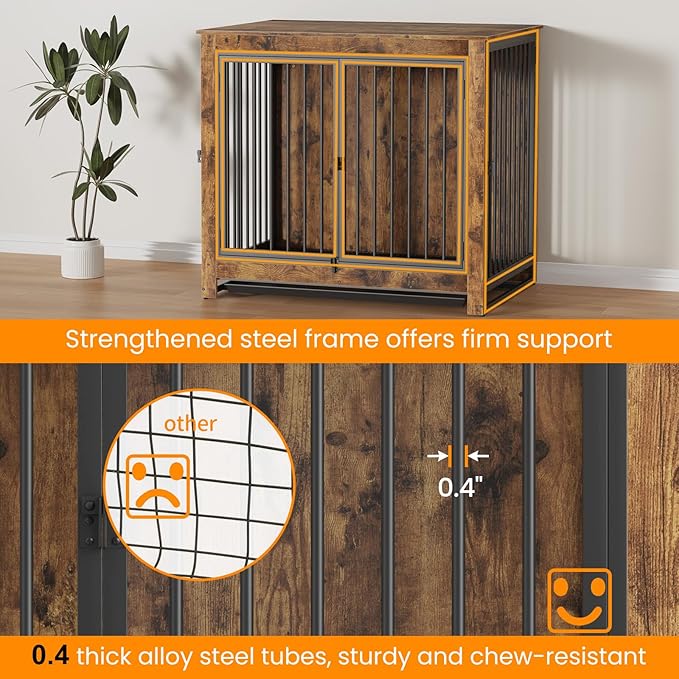 Derfullo Dog Crate Furniture, 42 Inch Indoor Large Dog Kennel for Medium to Large Dogs Up to 70 LBS, Heavy Duty Wooden Pet Cage End Table with 3 Doors, Alloy Steel Frame & Removable Tray