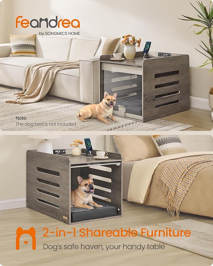 Feandrea Modern Dog Crate Furniture with Charging Station, Medium Kennel Indoor with Flip-up Hidden Acrylic Door, for Small and Medium Dogs up to 45 lb, Pet Side End Table Cage, Heather Greige