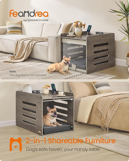 Feandrea Modern Dog Crate Furniture with Charging Station, Medium Kennel Indoor with Flip-up Hidden Acrylic Door, for Small and Medium Dogs up to 45 lb, Pet Side End Table Cage, Heather Greige