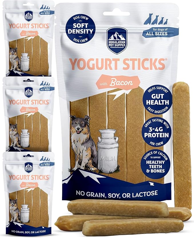 Himalayan Dog Chew Yogurt Sticks, Bacon Flavor, Dog Treats with Prebiotics, Probiotics & Protein, Digestive Support, Lactose & Gluten Free, Natural Dog Treat for All Breeds, Made in America, 4 pk