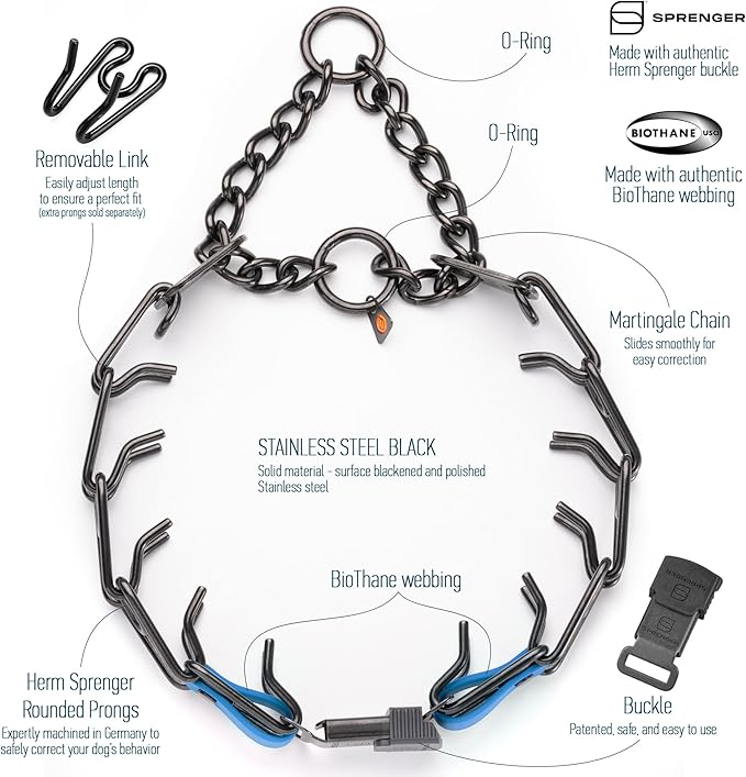 Herm Sprenger Black Stainless Steel Dog Collar with Quick Release ClicLock Buckle O-Ring Biothane Insert Training Collar Made in Germany (Cerulean Blue, 25in x 4.0mm(Neck Size up to21-22in))