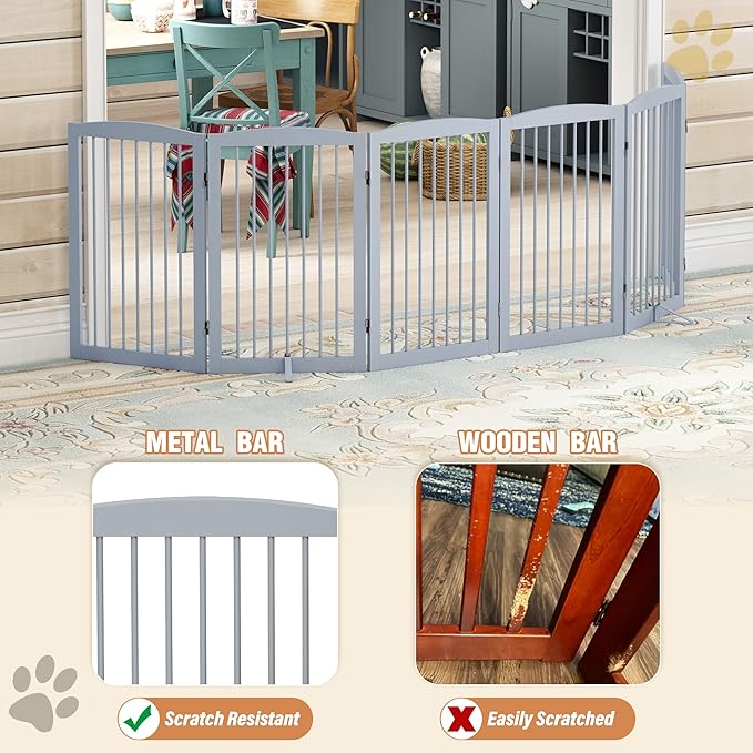 PUPETPO Freestanding Pet Gate for Dogs, Indoor Wooden Foldable Dog Gate for House, Extra Wide, Pet Fence for Stairs, Doorways, Halls, Support Feet Included, 120 Inch Wide, 6 Panels 32",Grey