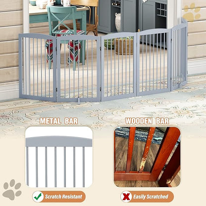 PUPETPO Freestanding Pet Gate for Dogs, Indoor Wooden Foldable Dog Gate for House, Extra Wide, Pet Fence for Stairs, Doorways, Halls, Support Feet Included, 120 Inch Wide, 6 Panels 32",Grey