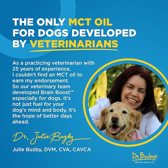 Dr. Buzby’s Brain Boost Organic MCT Oil for Dogs, 16 Oz Human Grade MCTs C8, C10, Senior Dog Dementia, Made from Pure Organic Coconut Oil, Medium Chain Triglyceride Liquid Dog Supplement
