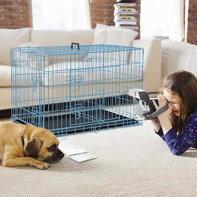 Dog Crate, Folding Portable Outdoor Large Two Door Metal Cat Dog Cage with ABS Tray LC Panel Floor Protecting Feet Wire Animal Pet Dog Kennel with Divider