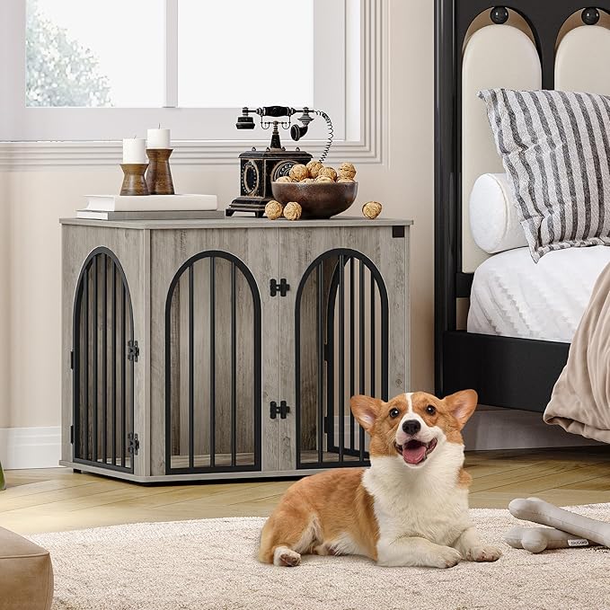 Hzuaneri 26.8'' Wooden Dog Crate Furniture, Indoor Dog Kennel Dogs Cage for Small Dogs, Heavy Duty Dog Crates Decorative Pet House End Side Table TV Stand, Greige DFC85505B